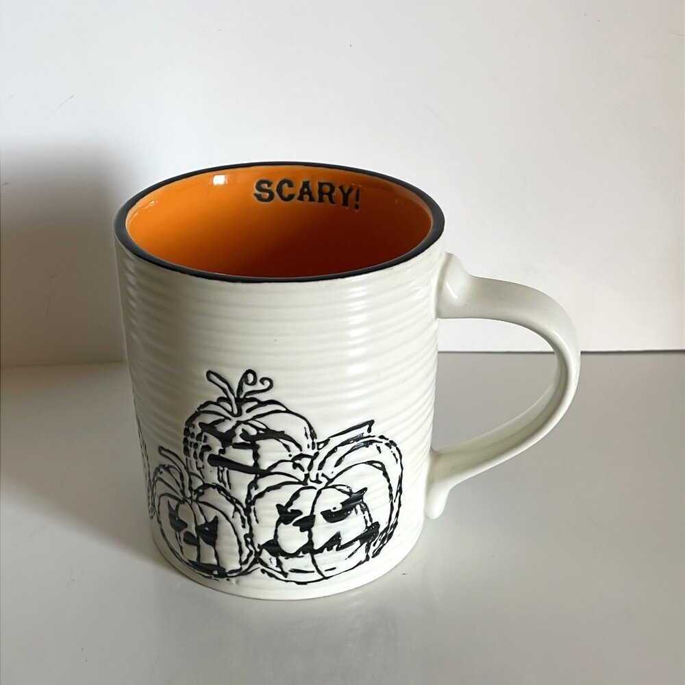 NEW Scary! Jack o Lantern Pumpkins Halloween Mug - White Pottery Orange